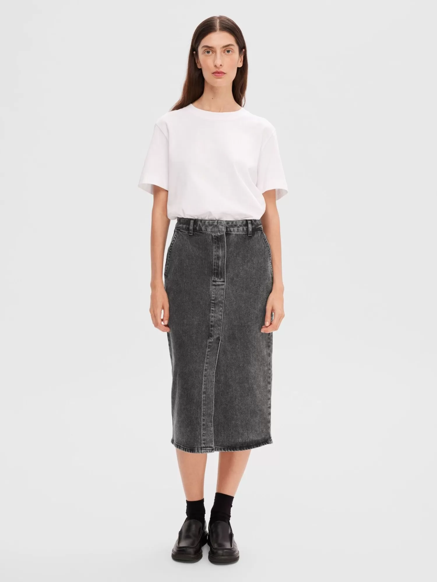 Best Sale Selected Denim Midi Rok Cali Dark Grey Denim